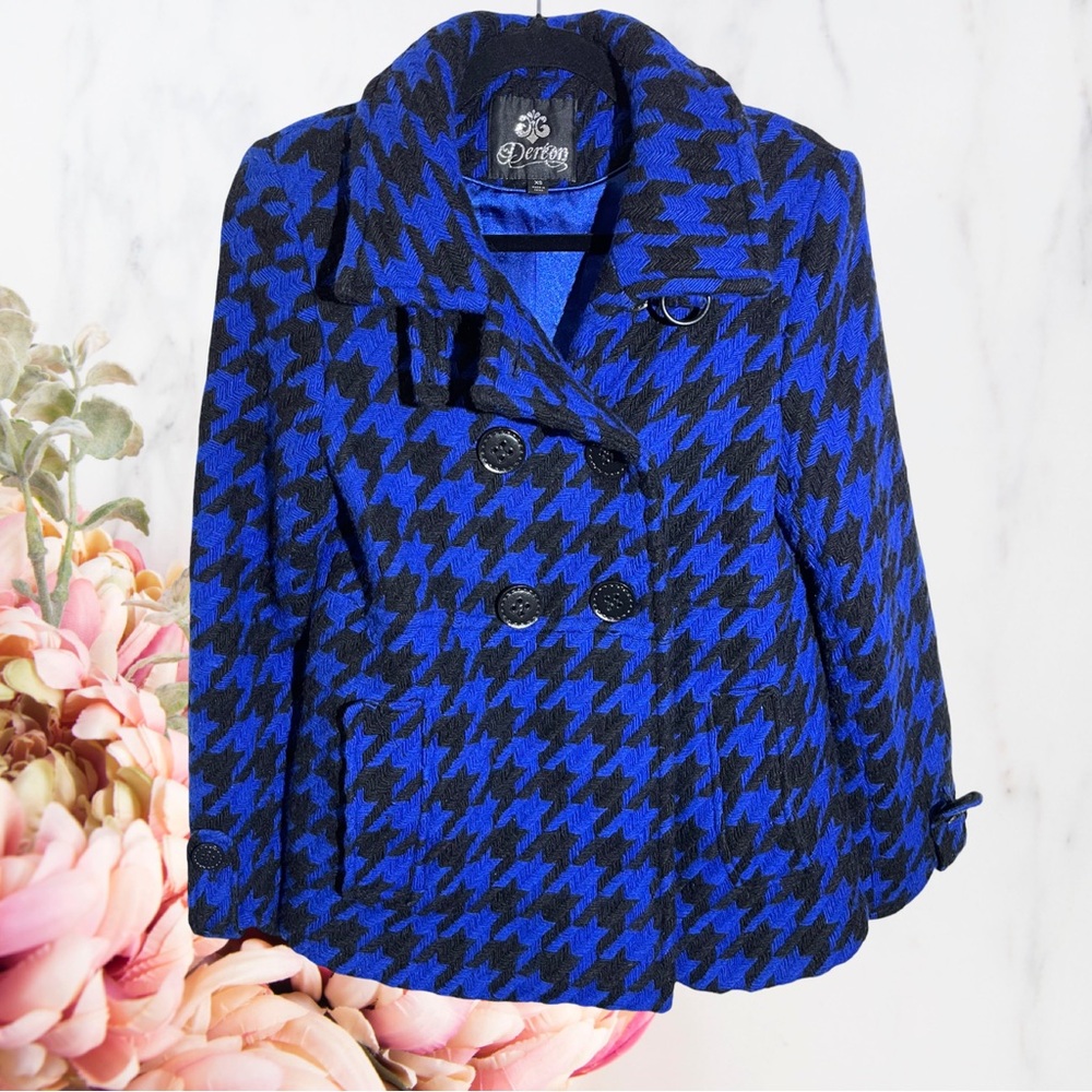 Dereon Houndstooth Wool Pea Coat Blue and Black Y2K 2008 Line Sz XS